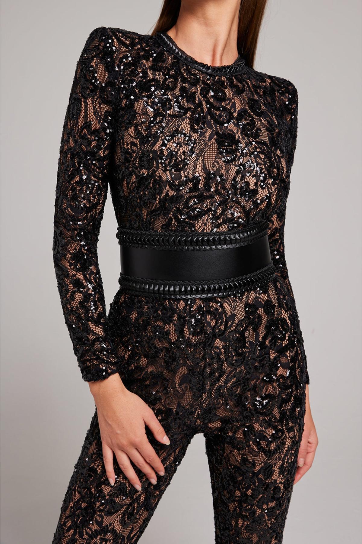 Elegant Lace Belted Jumpsuit With Fitted Waist