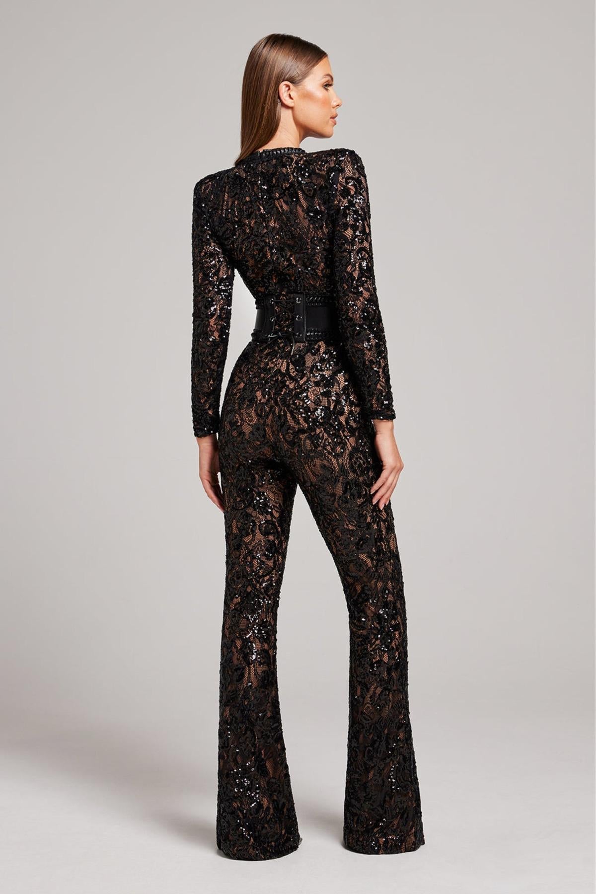 Elegant Lace Belted Jumpsuit With Fitted Waist