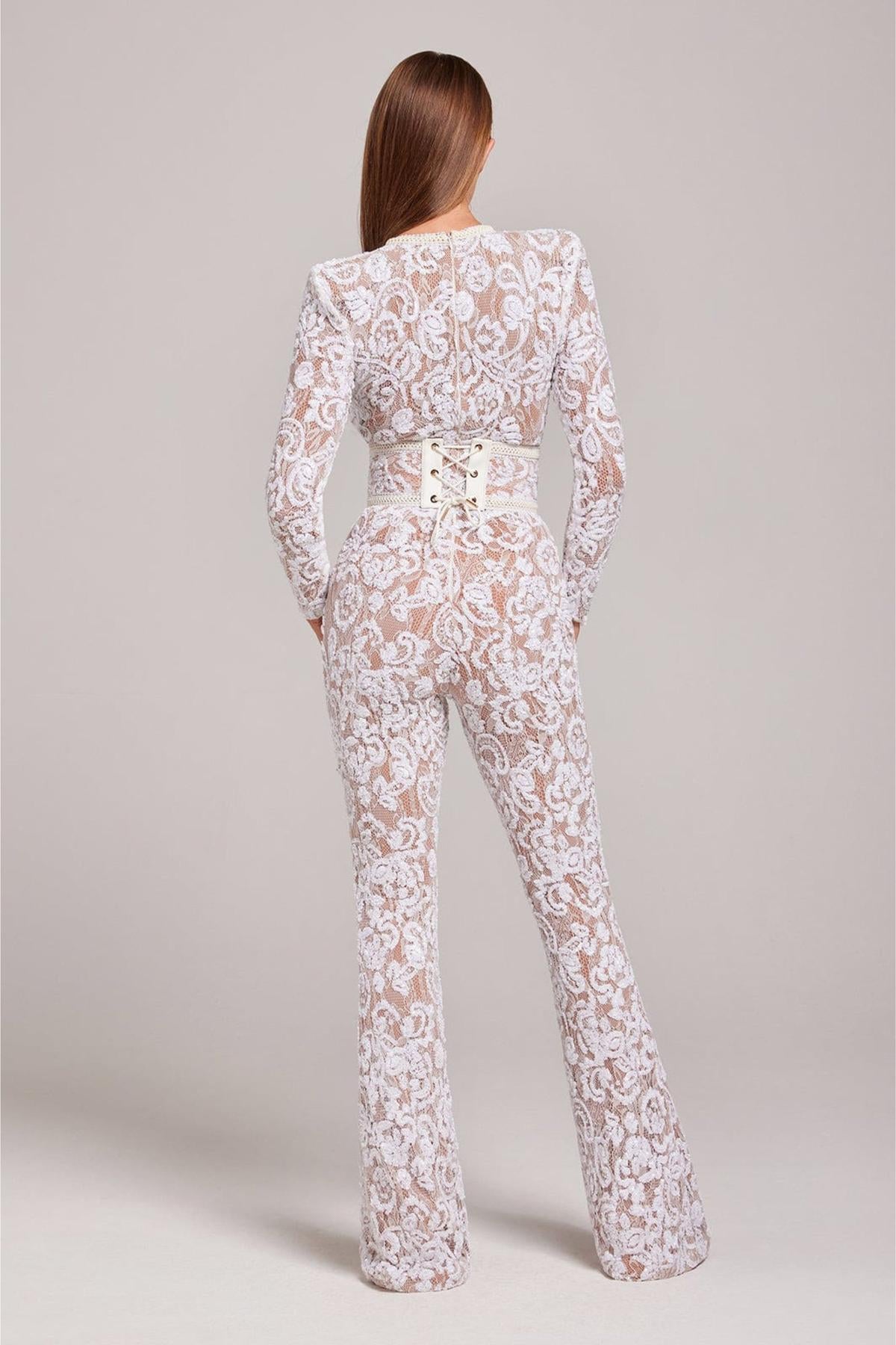 Elegant Lace Belted Jumpsuit With Fitted Waist