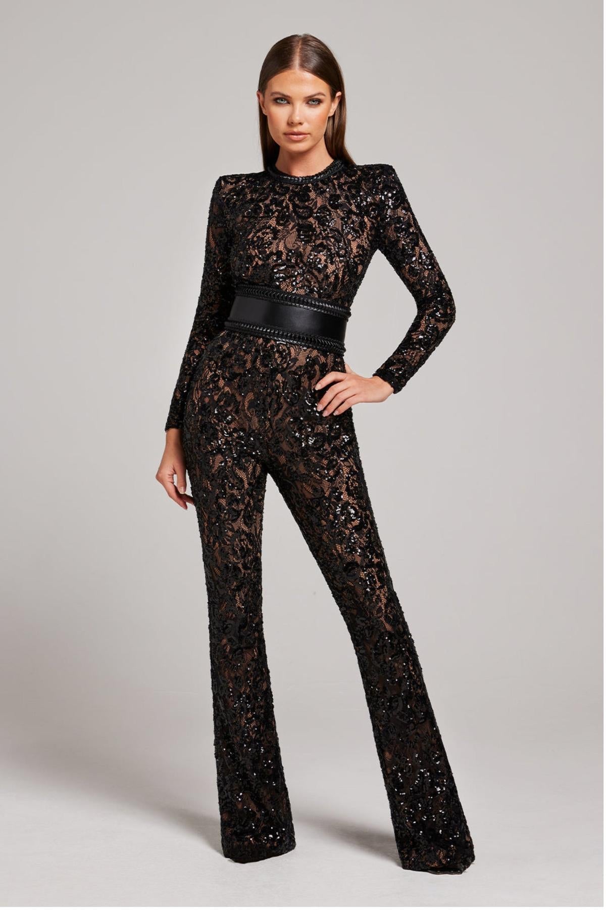 Elegant Lace Belted Jumpsuit With Fitted Waist