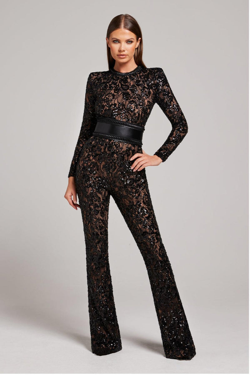 Elegant Lace Belted Jumpsuit With Fitted Waist
