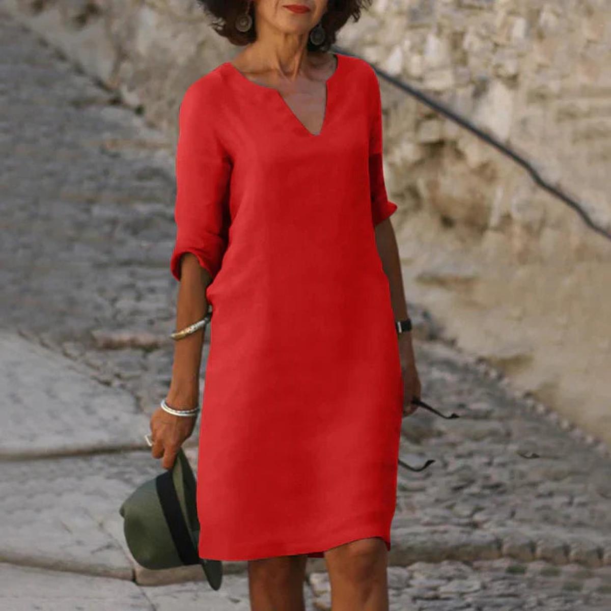 Elegant Linen V-Neck Midi Summer Dress