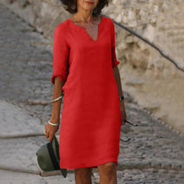 Elegant Linen V-Neck Midi Summer Dress