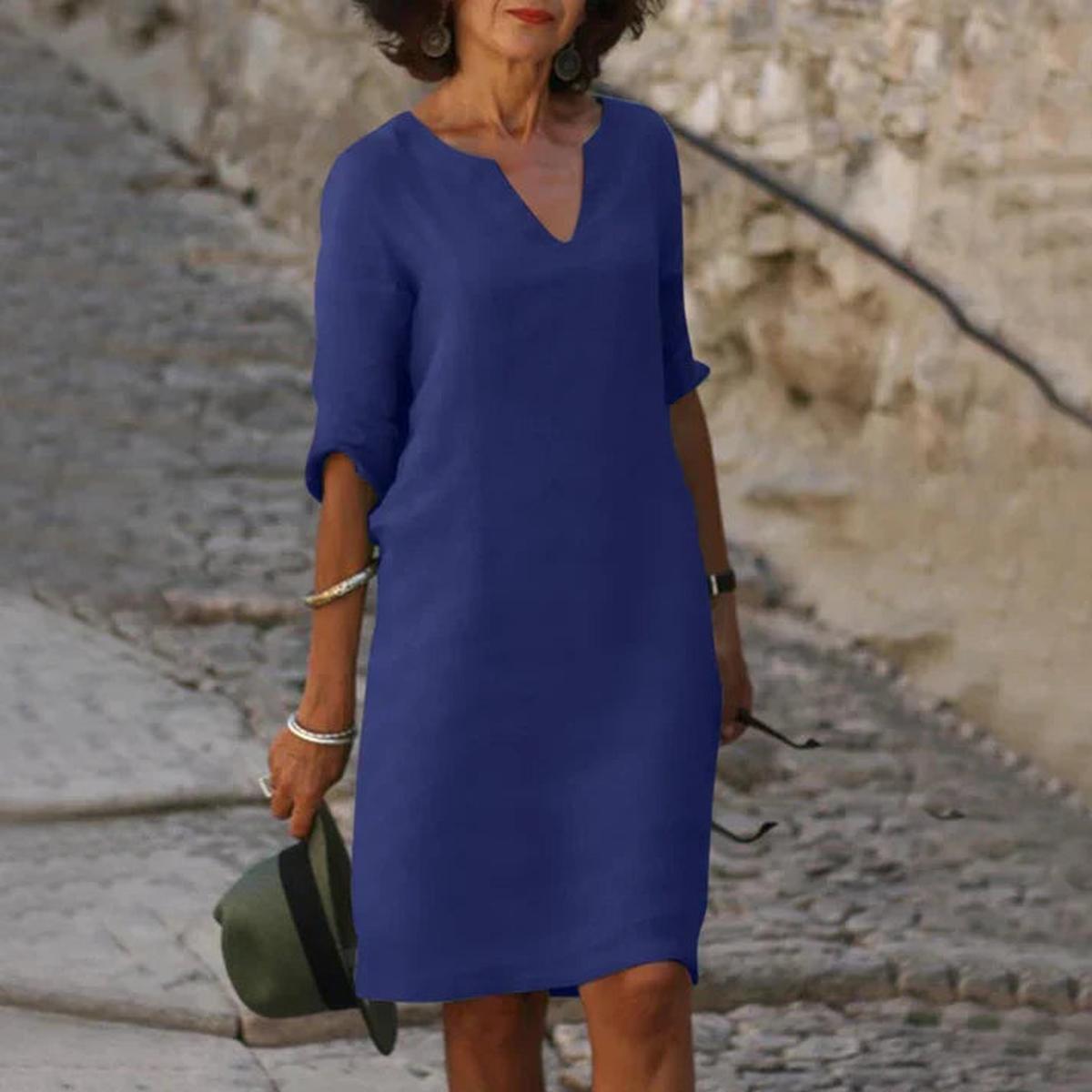 Elegant Linen V-Neck Midi Summer Dress