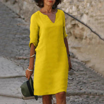 Elegant Linen V-Neck Midi Summer Dress