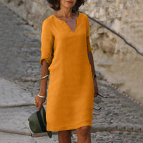 Elegant Linen V-Neck Midi Summer Dress