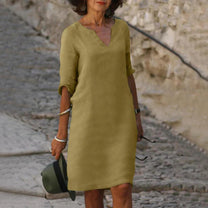 Elegant Linen V-Neck Midi Summer Dress