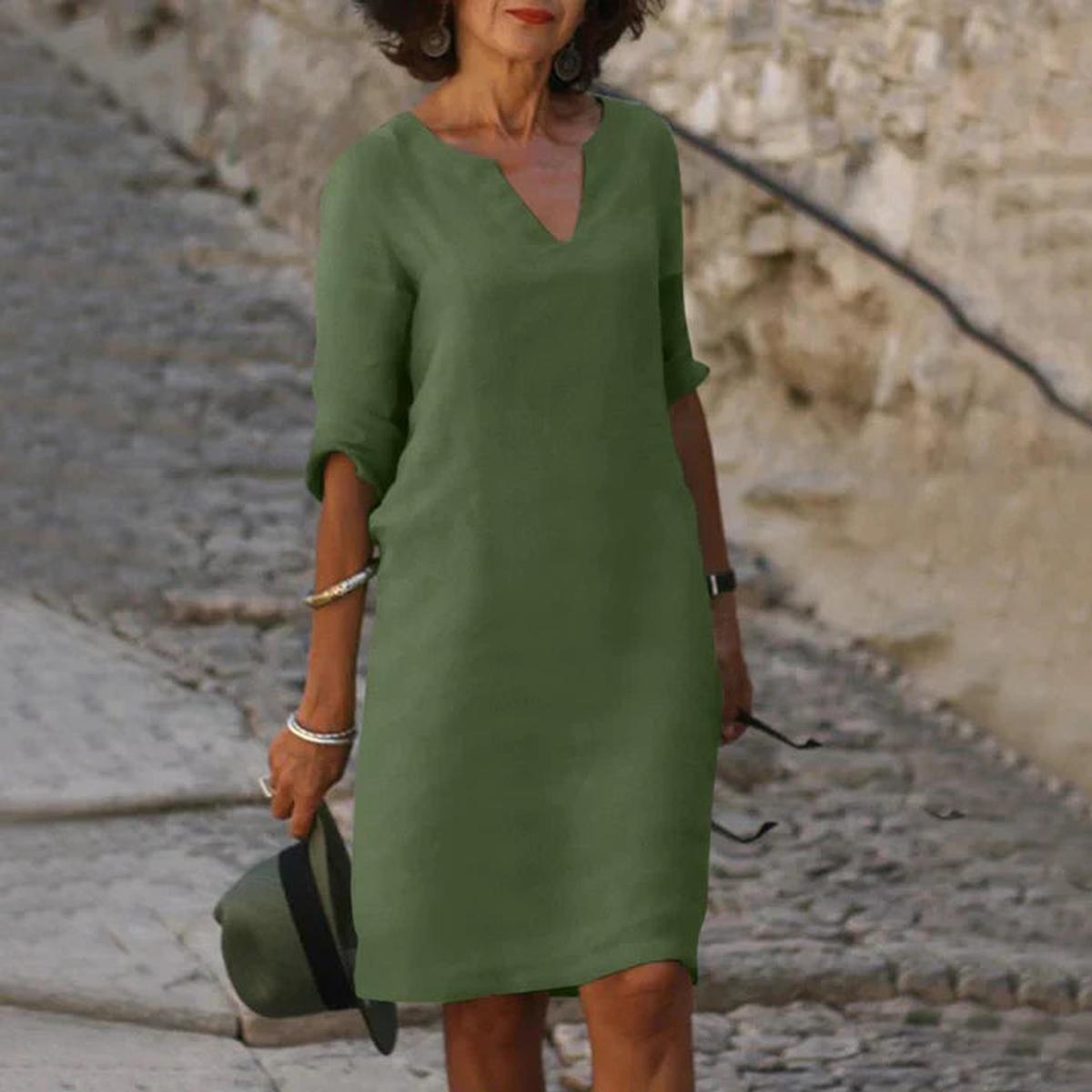 Elegant Linen V-Neck Midi Summer Dress