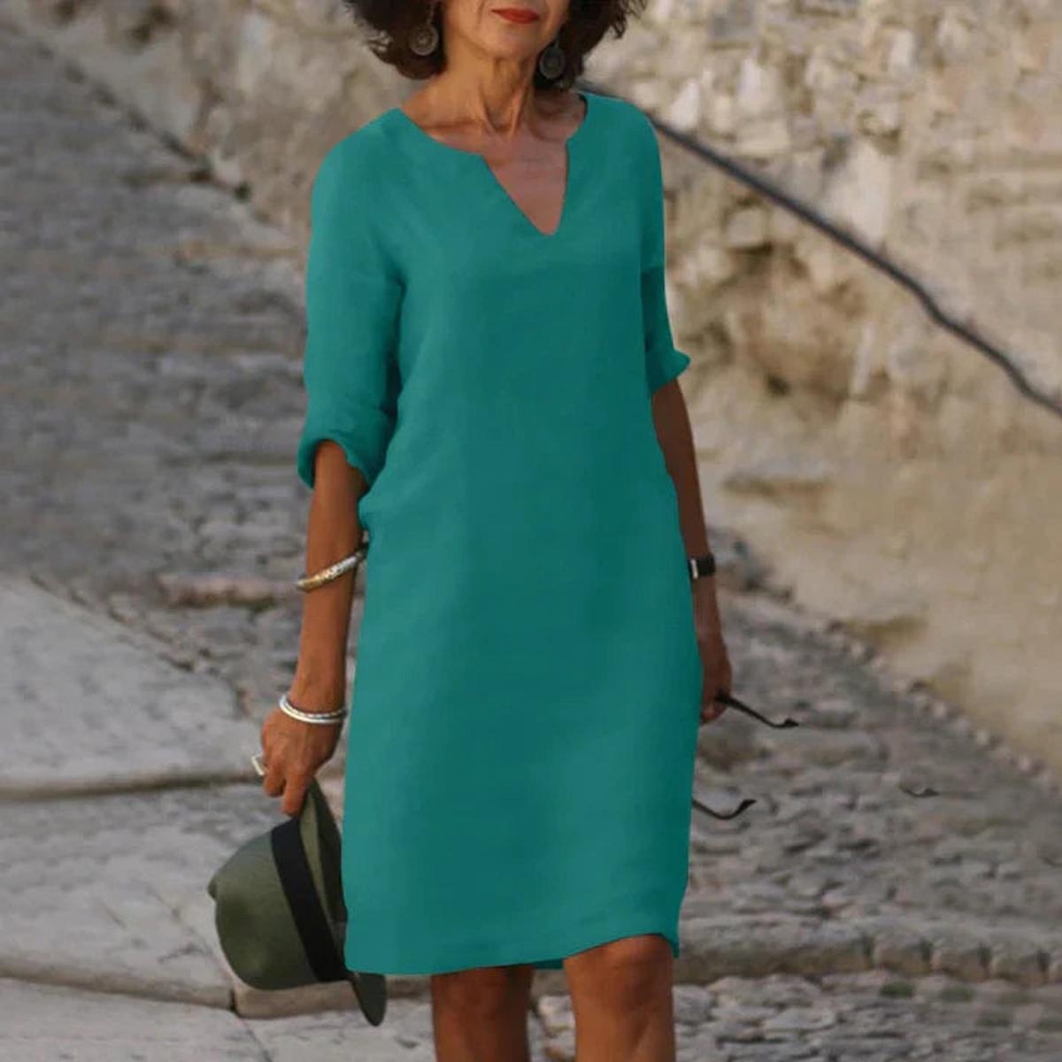 Elegant Linen V-Neck Midi Summer Dress