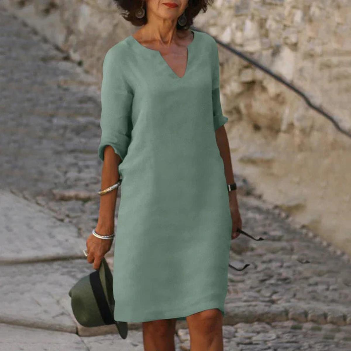 Elegant Linen V-Neck Midi Summer Dress