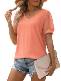 Elegant Linen Women&#39;s V-Neck Short Sleeve Top