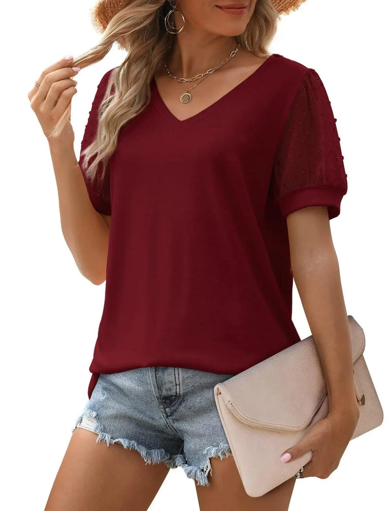 Elegant Linen Women&#39;s V-Neck Short Sleeve Top
