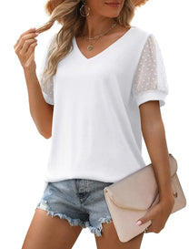 Elegant Linen Women&#39;s V-Neck Short Sleeve Top