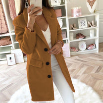 Elegant Long Blazer Coat With Turned-Down Collar And Oversized Buttons
