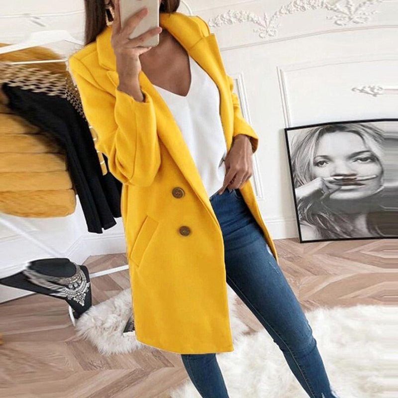 Elegant Long Blazer Coat With Turned-Down Collar And Oversized Buttons