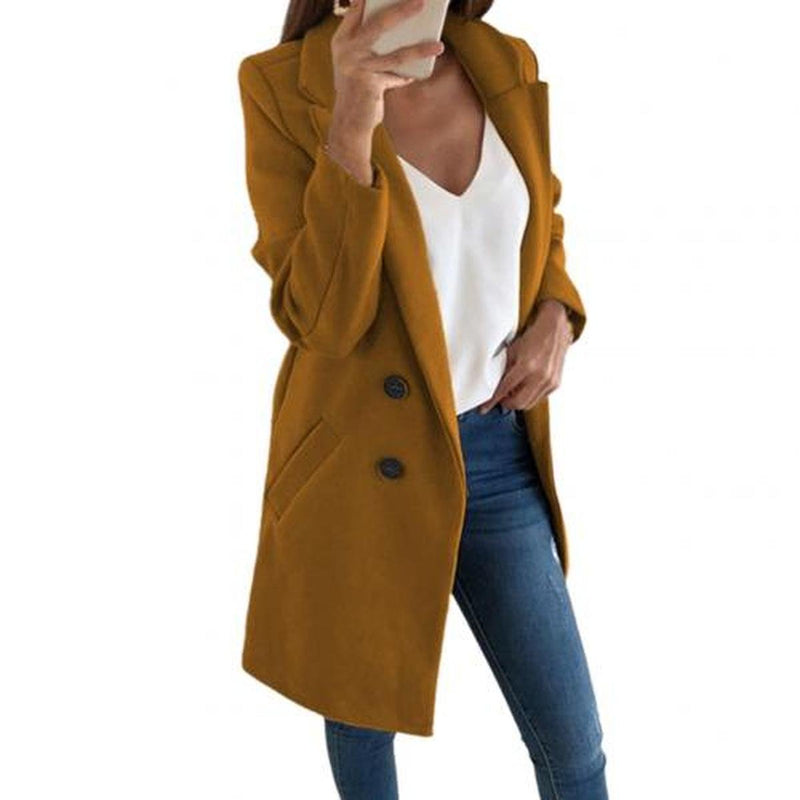 Elegant Long Blazer Coat With Turned-Down Collar And Oversized Buttons