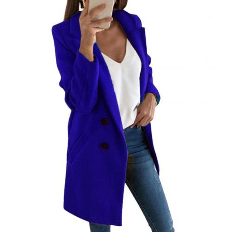 Elegant Long Blazer Coat With Turned-Down Collar And Oversized Buttons