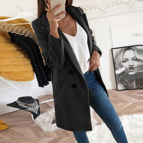 Elegant Long Blazer Coat With Turned-Down Collar And Oversized Buttons