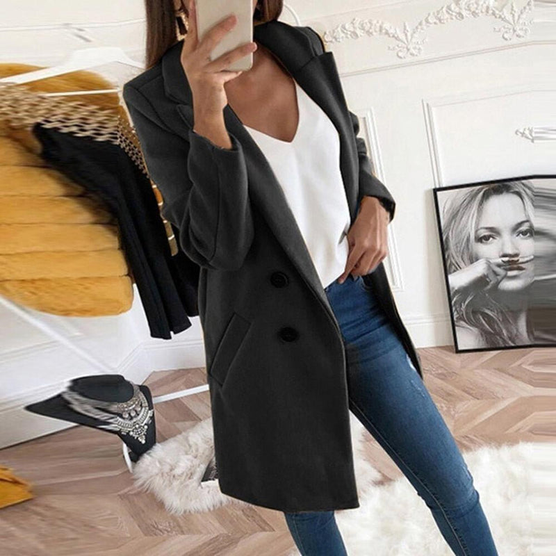 Elegant Long Blazer Coat With Turned-Down Collar And Oversized Buttons