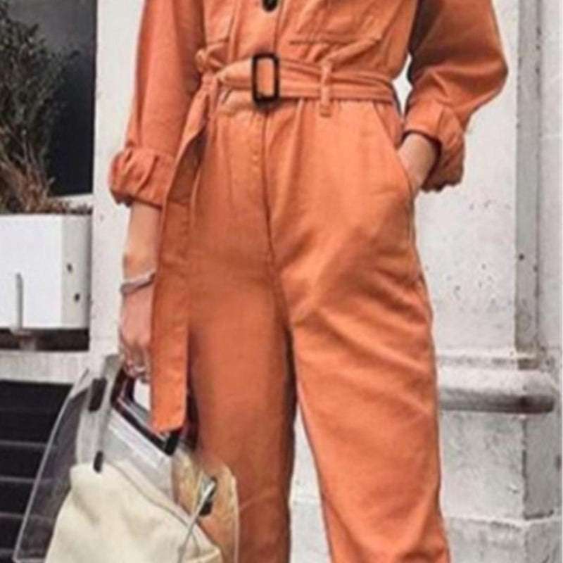 Elegant Orange V-Neck Jumpsuit With Straight Leg Pants