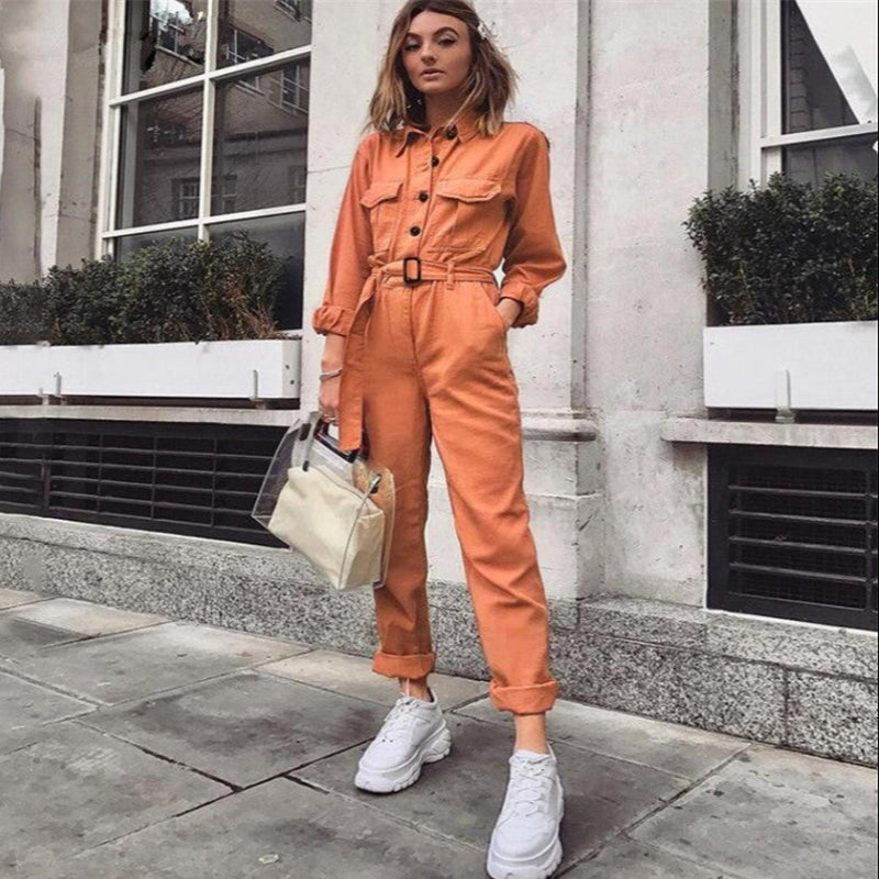 Elegant Orange V-Neck Jumpsuit With Straight Leg Pants