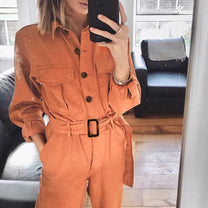 Elegant Orange V-Neck Jumpsuit With Straight Leg Pants