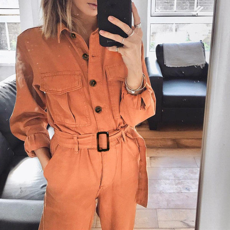Elegant Orange V-Neck Jumpsuit With Straight Leg Pants