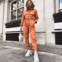 Elegant Orange V-Neck Jumpsuit With Straight Leg Pants