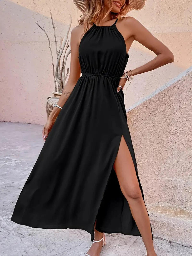 Elegant Sleeveless Spring Dress With Cinched Waist And Thigh Split