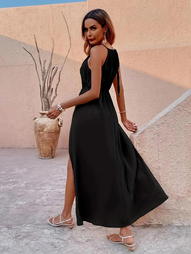 Elegant Sleeveless Spring Dress With Cinched Waist And Thigh Split
