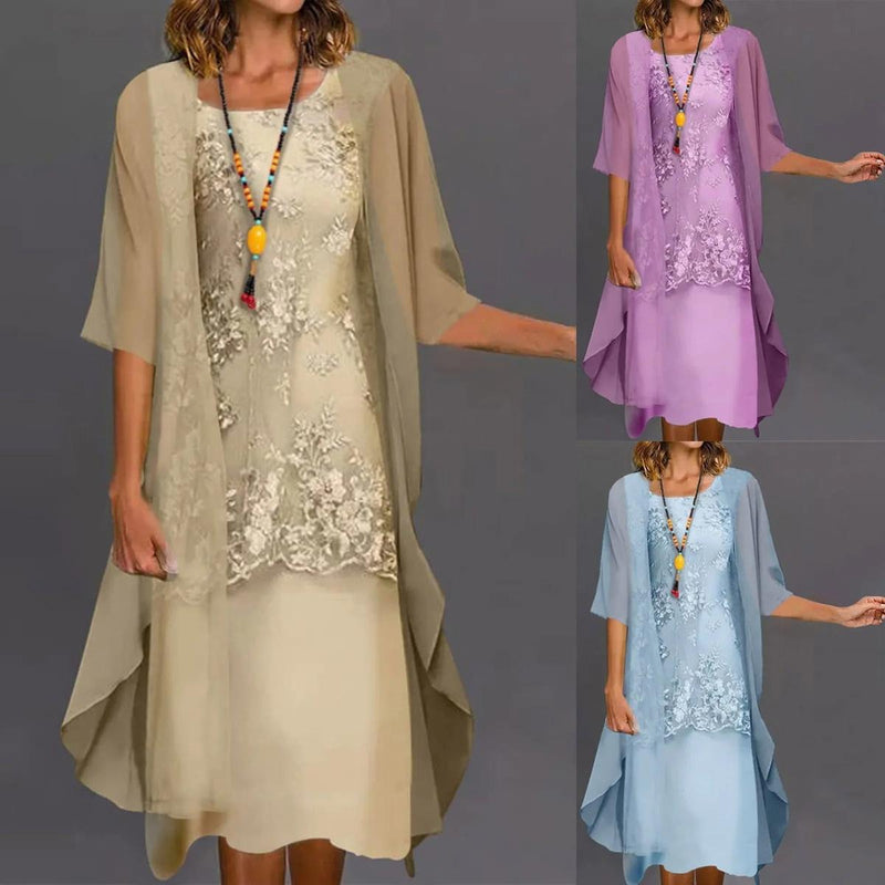 Elegant Two-Piece Chiffon Dress With Round Neck And Short Sleeves