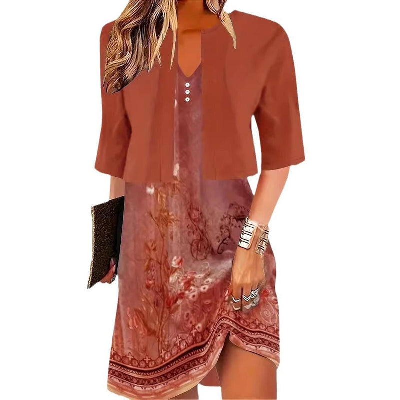 Elegant Two-Piece Floral Midi Dress With V-Neck