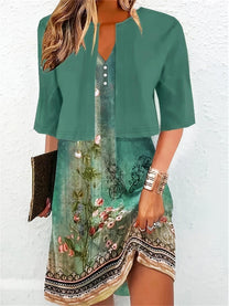 Elegant Two-Piece Floral Midi Dress With V-Neck