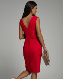 Elegant V-Neck Dress With Pleat Detail And Split