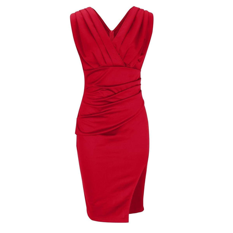 Elegant V-Neck Dress With Pleat Detail And Split