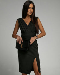 Elegant V-Neck Dress With Pleat Detail And Split