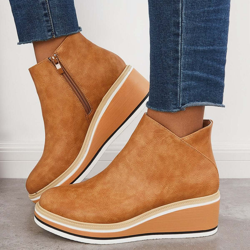 Elegant Wedge Ankle Boots With Side Zip For Women