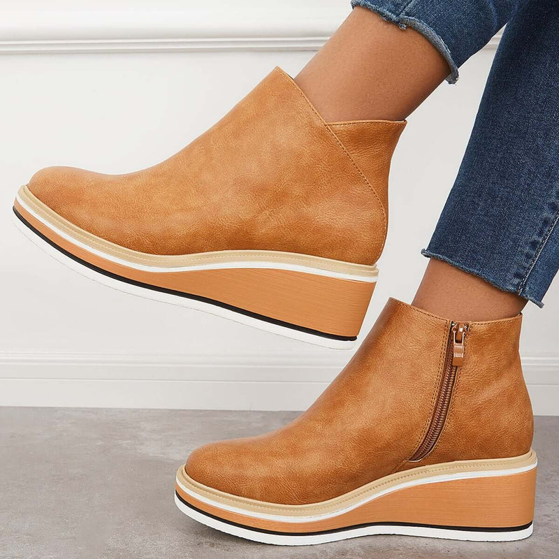 Elegant Wedge Ankle Boots With Side Zip For Women