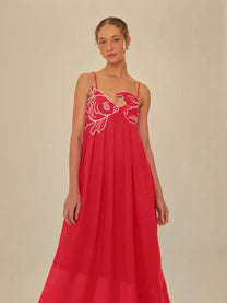 Embroidered Fish Semi-Sheer Cami Maxi Dress