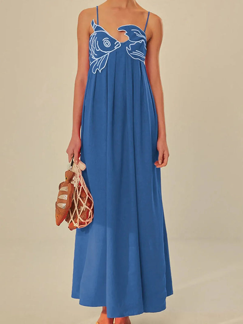 Embroidered Fish Semi-Sheer Cami Maxi Dress