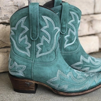 Embroidered Leather Cowboy Ankle Boots for Women