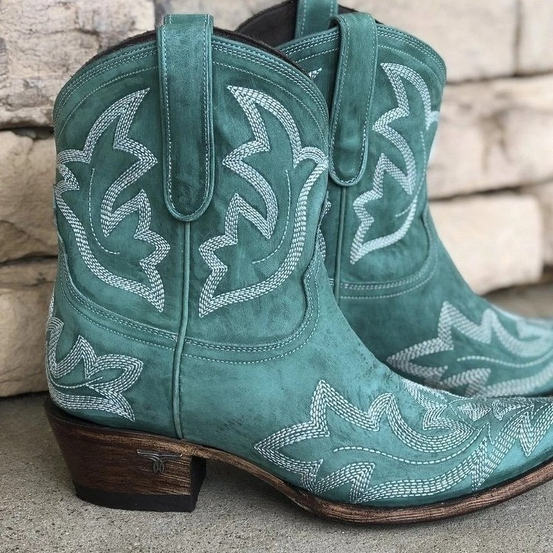 Embroidered Leather Cowboy Ankle Boots for Women