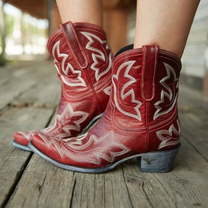 Embroidered Leather Cowboy Ankle Boots for Women