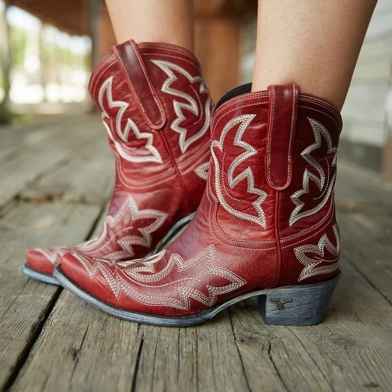 Embroidered Leather Cowboy Ankle Boots for Women