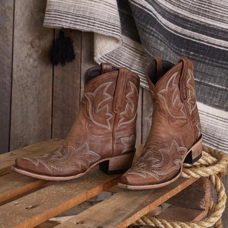 Embroidered Leather Cowboy Ankle Boots for Women