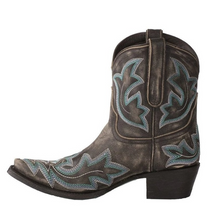 Embroidered Leather Cowboy Ankle Boots for Women