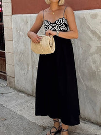 Embroidered Shirred Spaghetti Strap Maxi Dress