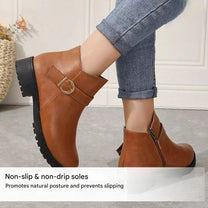 Ergonomic Brown Ankle Boots With Side Zip And Buckle