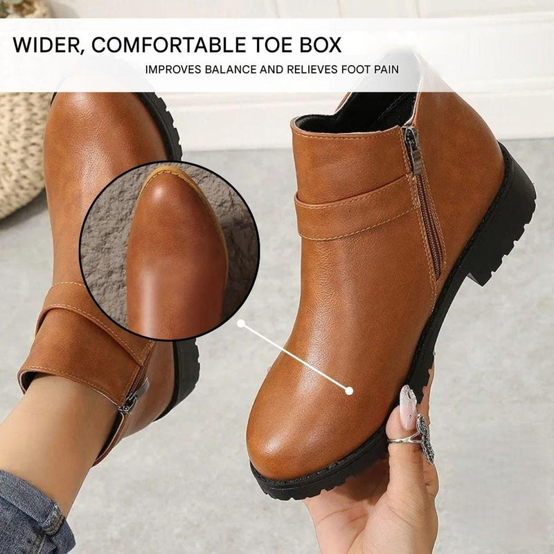 Ergonomic Brown Ankle Boots With Side Zip And Buckle