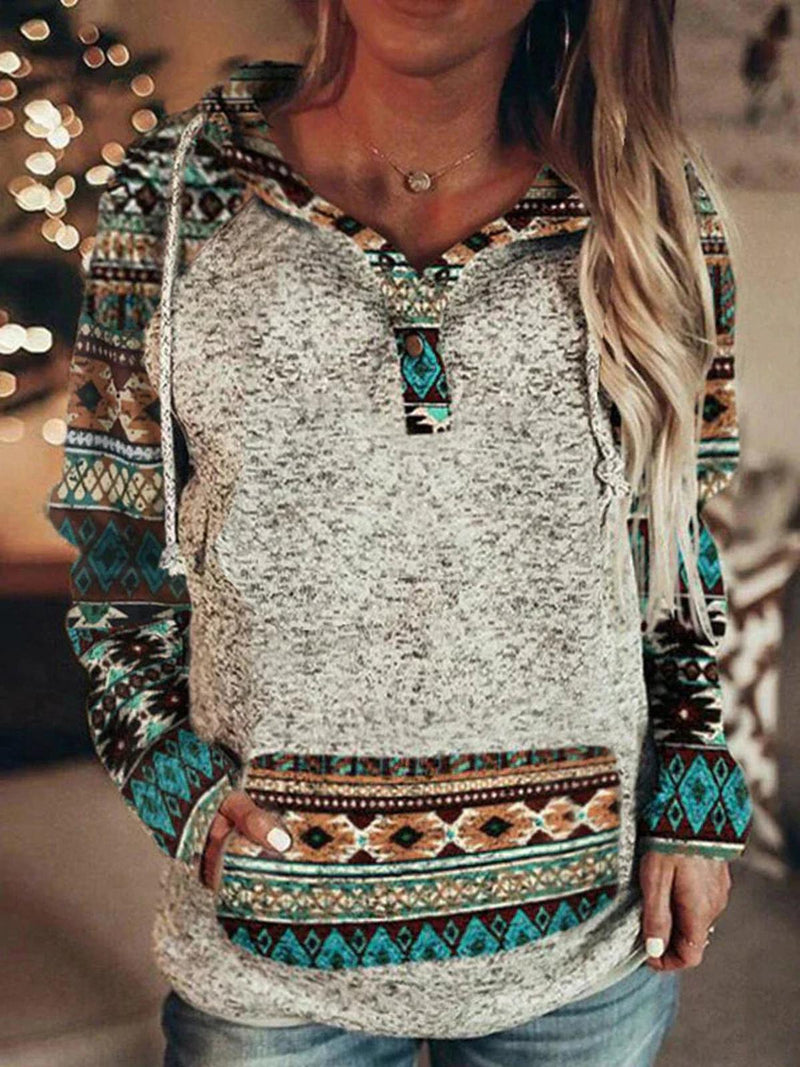 Ethnic Patterned Women&#39;s Hoodie With Kangaroo Pocket